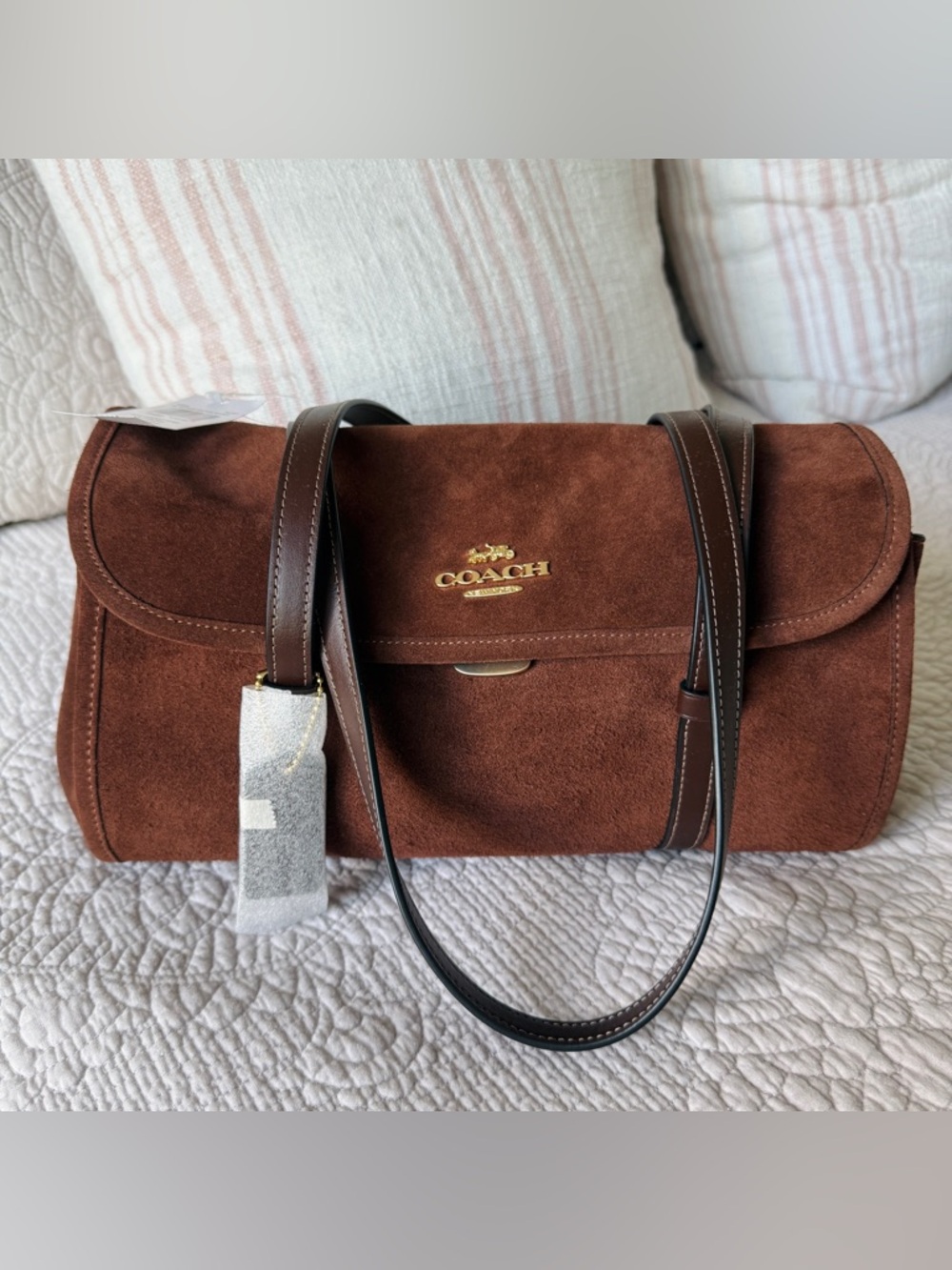 COACH Bridget Flap Brown Suede Shoulder Bag